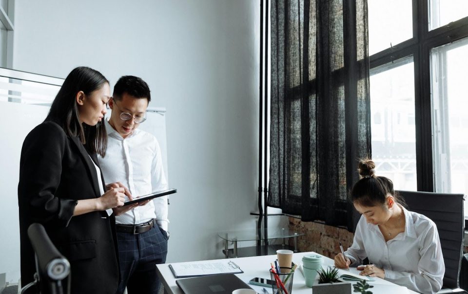 2 Females and 1 Male Employee Inside an Office Working